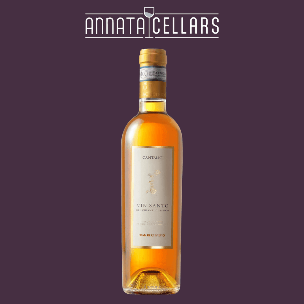 Vin Santo wine bottle with gold cork, amber glass, and Cantalici label