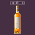 Vin Santo wine bottle with gold cork, amber glass, and Cantalici label