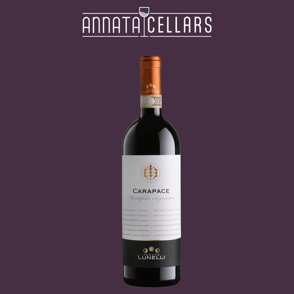 Wine bottle with dark label and bronze cork, Lunelli Carapace