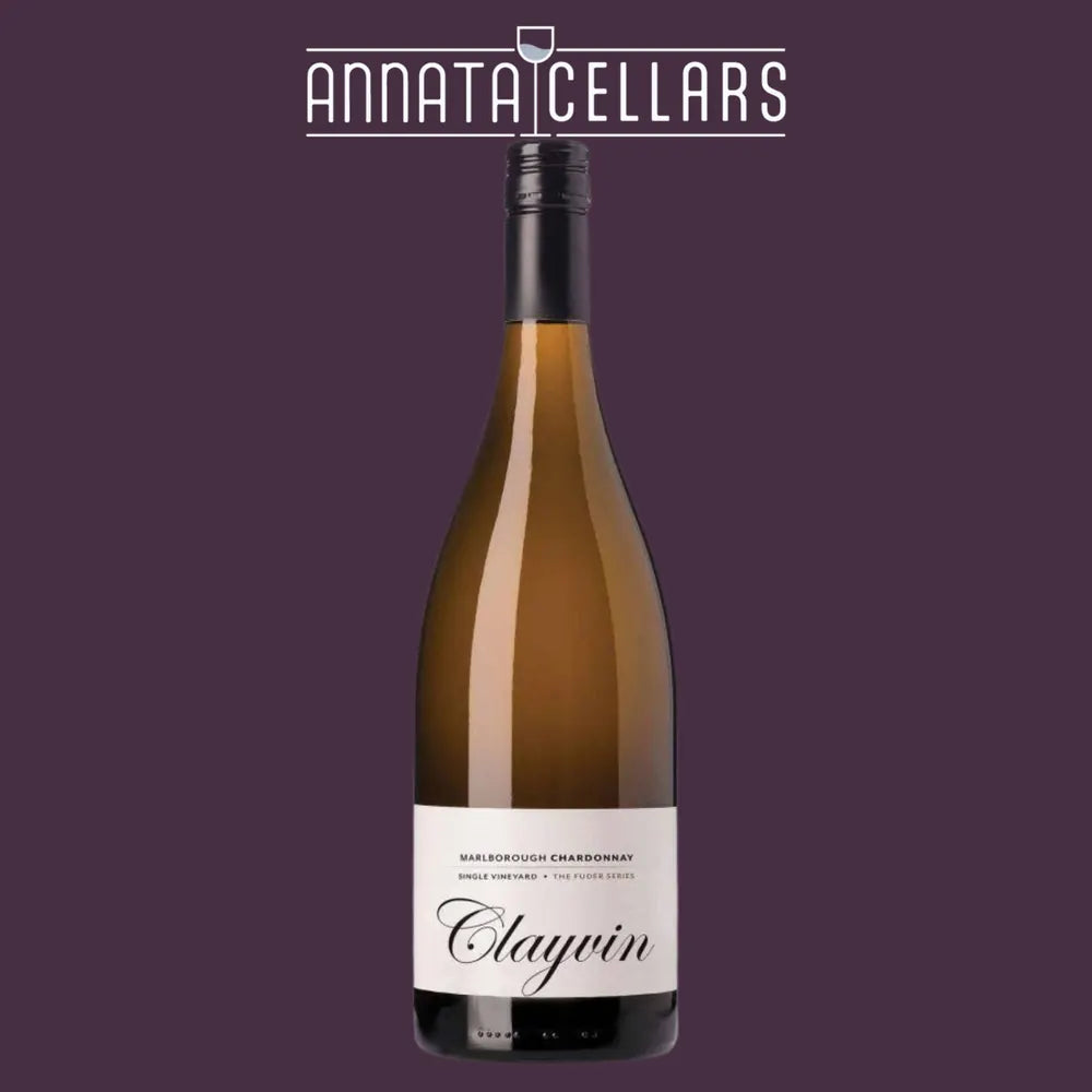 Chardonnay wine bottle with black cap and Clayvin label
