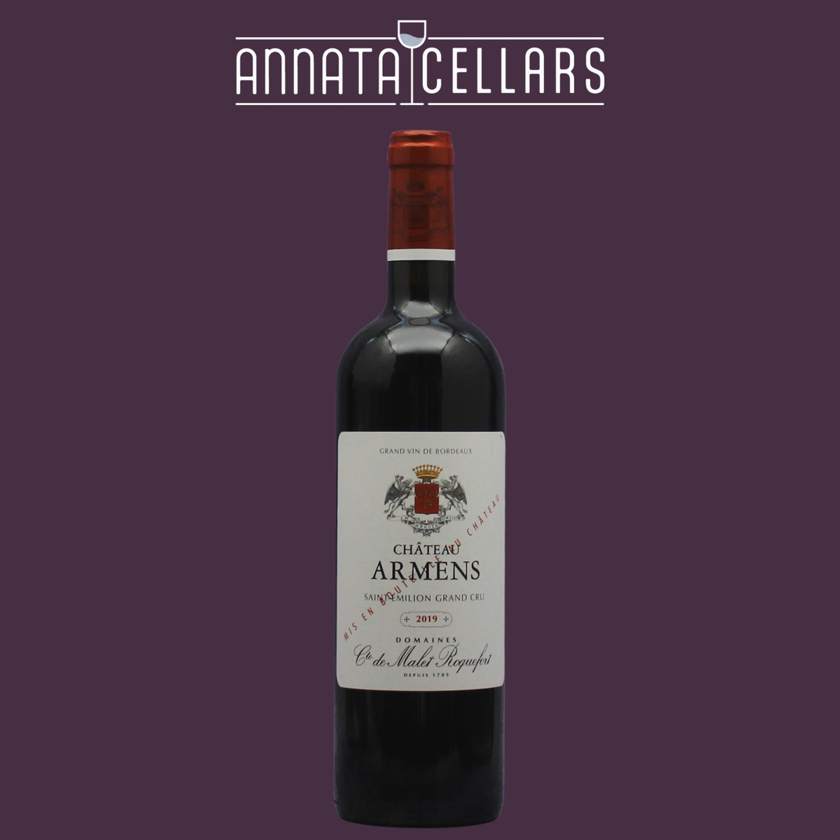 Bottle of 2019 Château Armens Saint-Émilion red wine