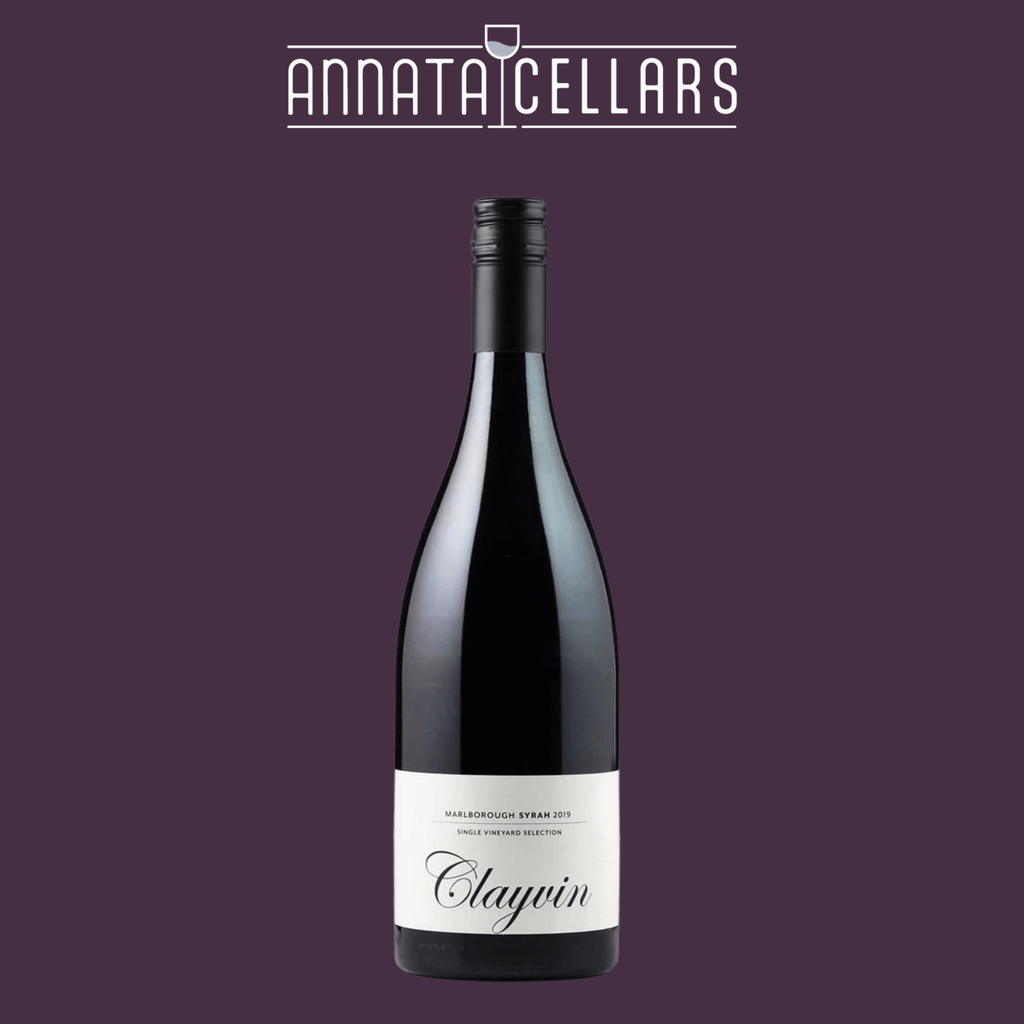2019 Syrah wine bottle with Clayvin label and black cap