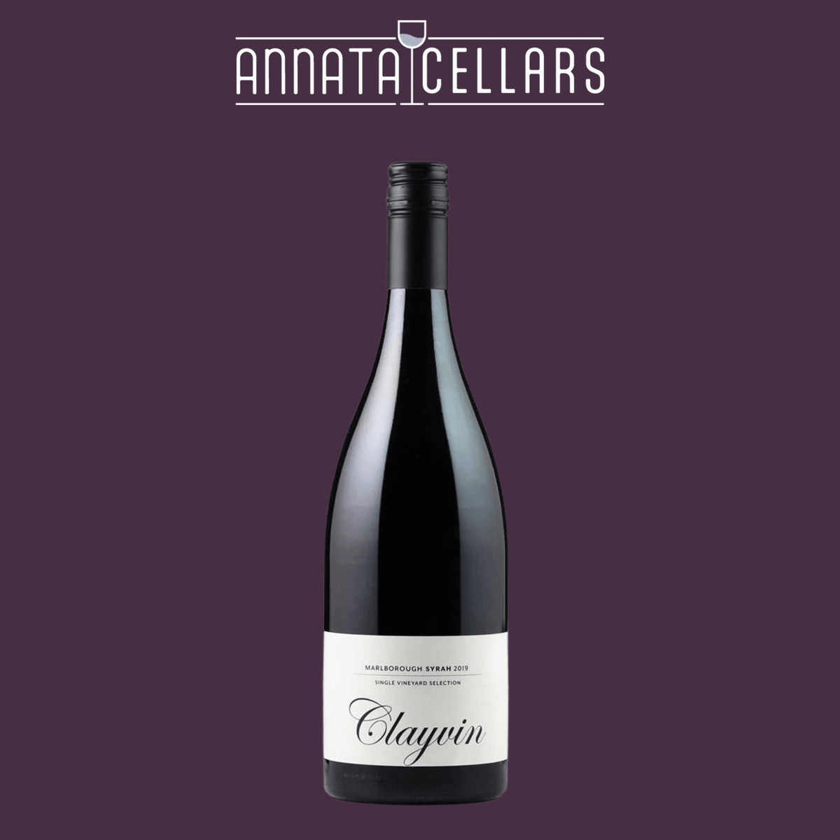 2019 Syrah wine bottle with Clayvin label and black cap