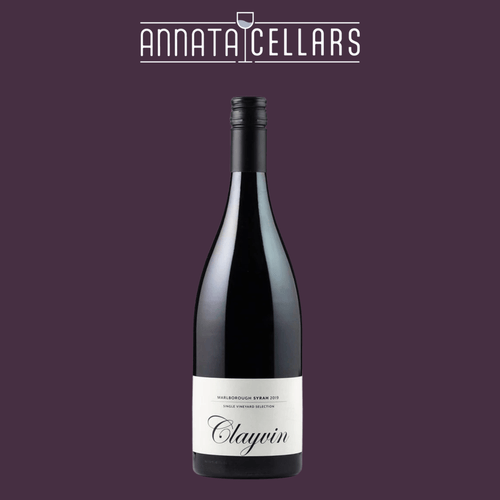 2019 Syrah wine bottle with Clayvin label and black cap