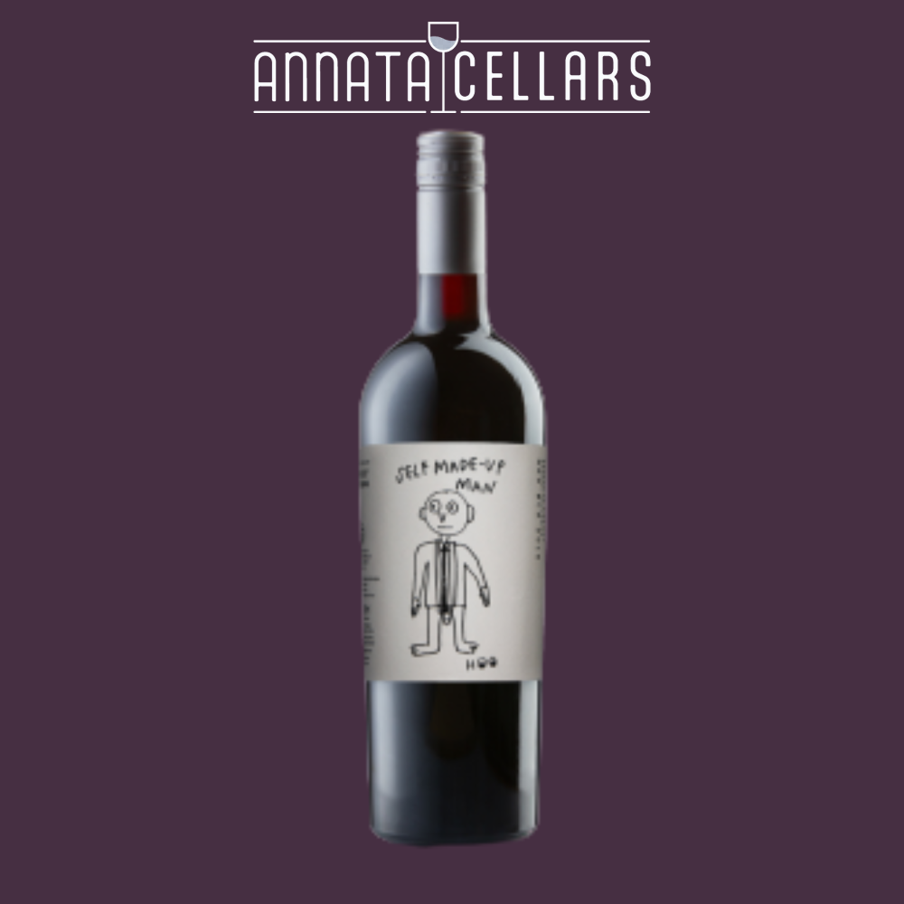 Red wine bottle with foil neck and illustrated label