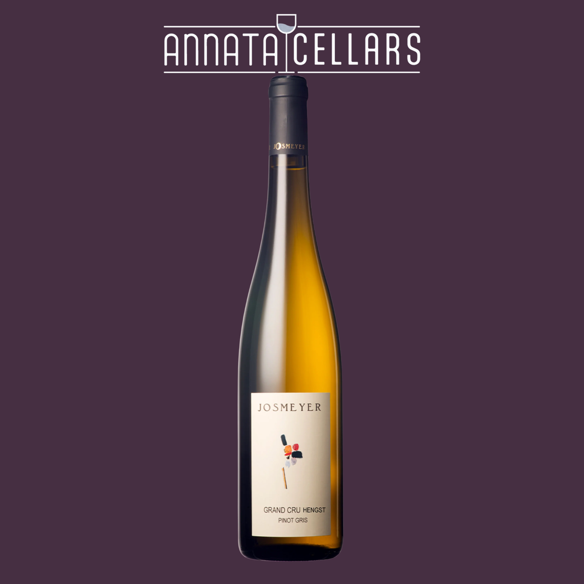 Josmeyer Grand Cru Pinot Gris wine bottle in glass with front label