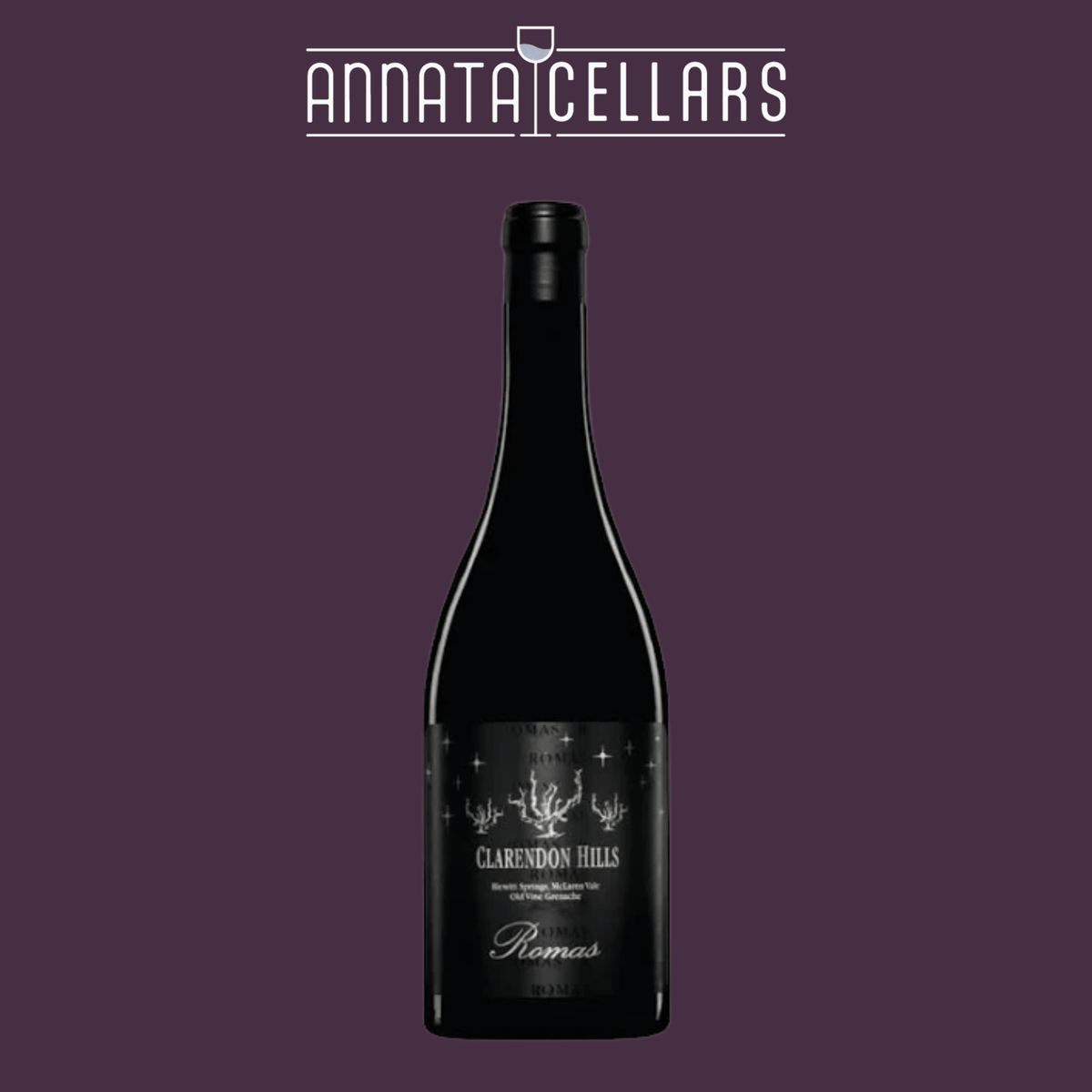 Dark wine bottle with black label reading Clarendon Hills Romas