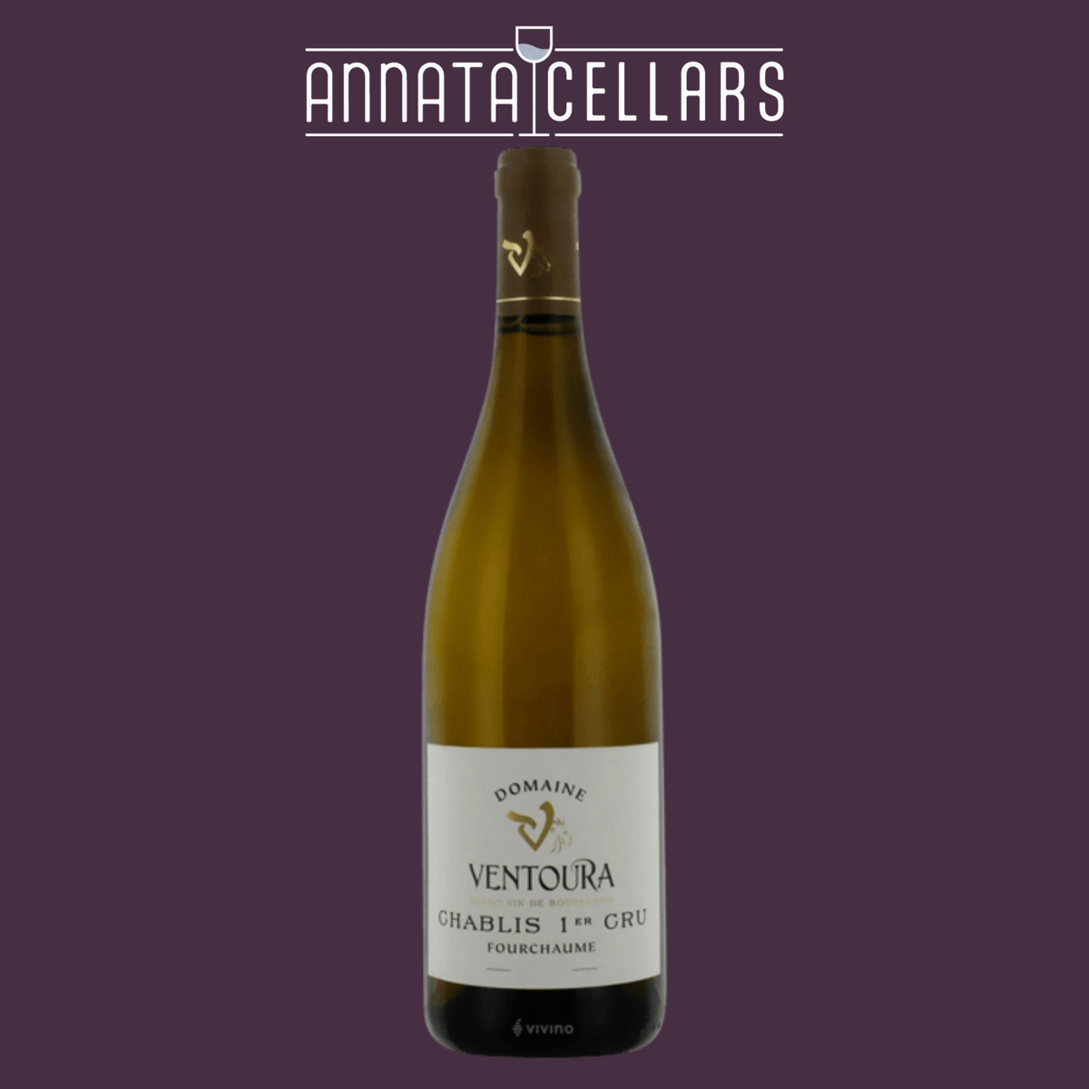 Domaine Ventoura Chablis 1er Cru Fourchaume wine bottle with gold label, green glass