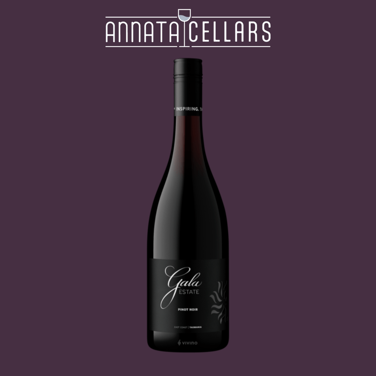 Black wine bottle with Gala Estate Pinot Noir label