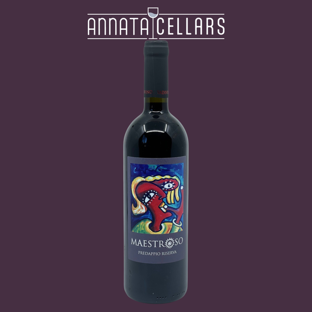2020 Sangiovese Superiore wine bottle with blue label and dark glass