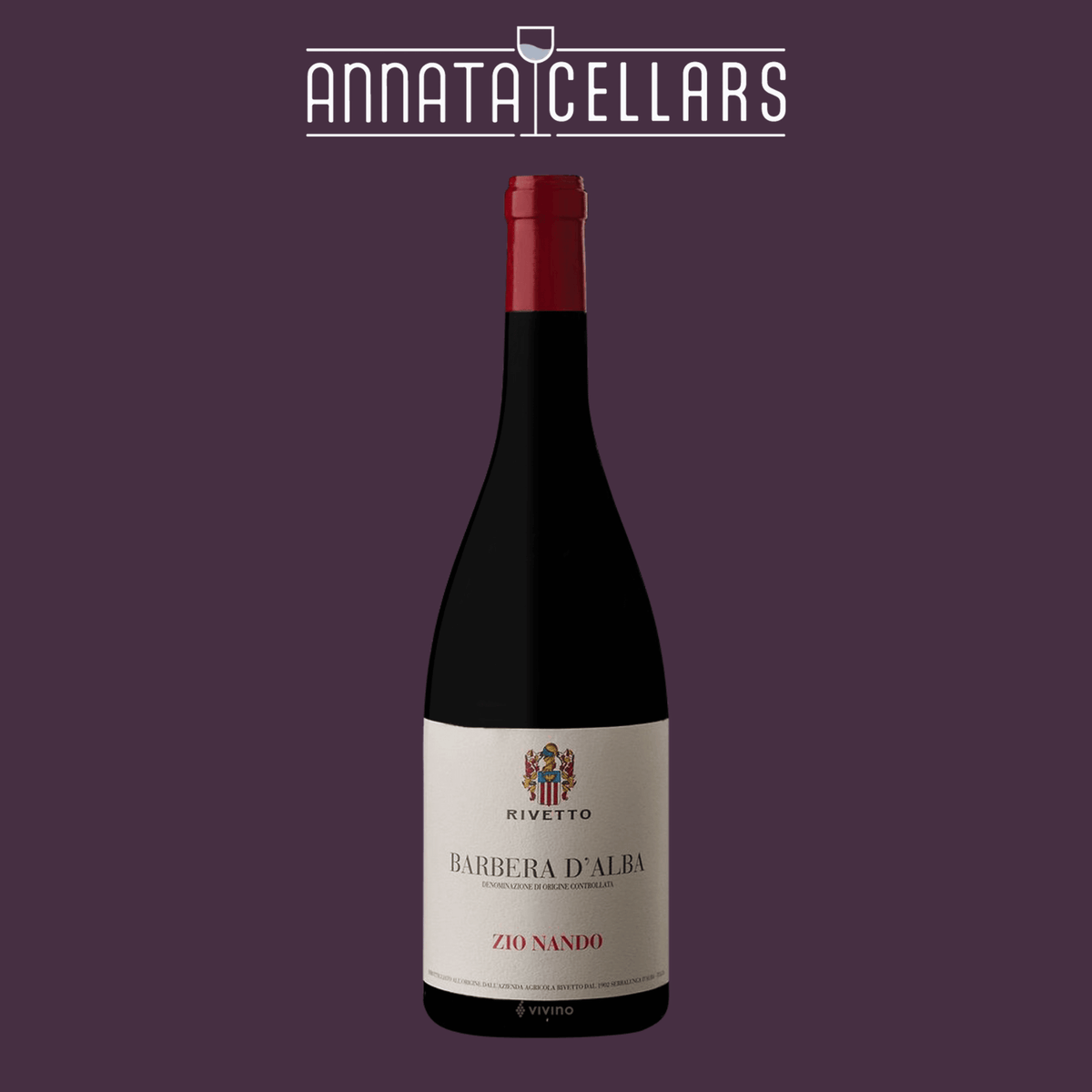 Rivetto Barbera d'Alba Zio Nando wine bottle with red cap and dark red label