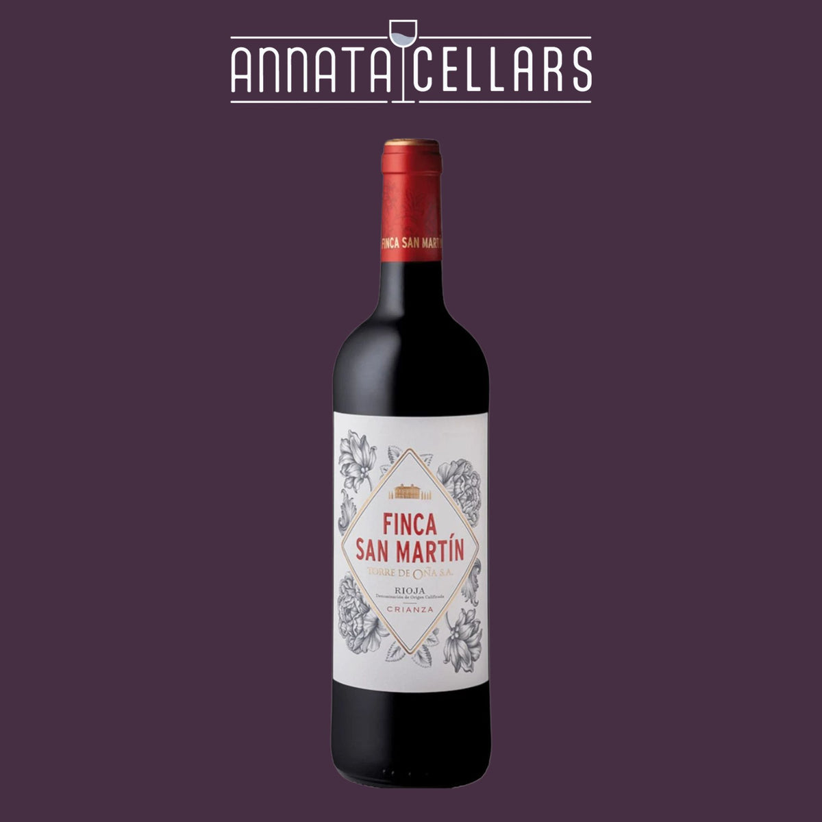 Red wine bottle with dark glass, red foil neck, and illustrated label