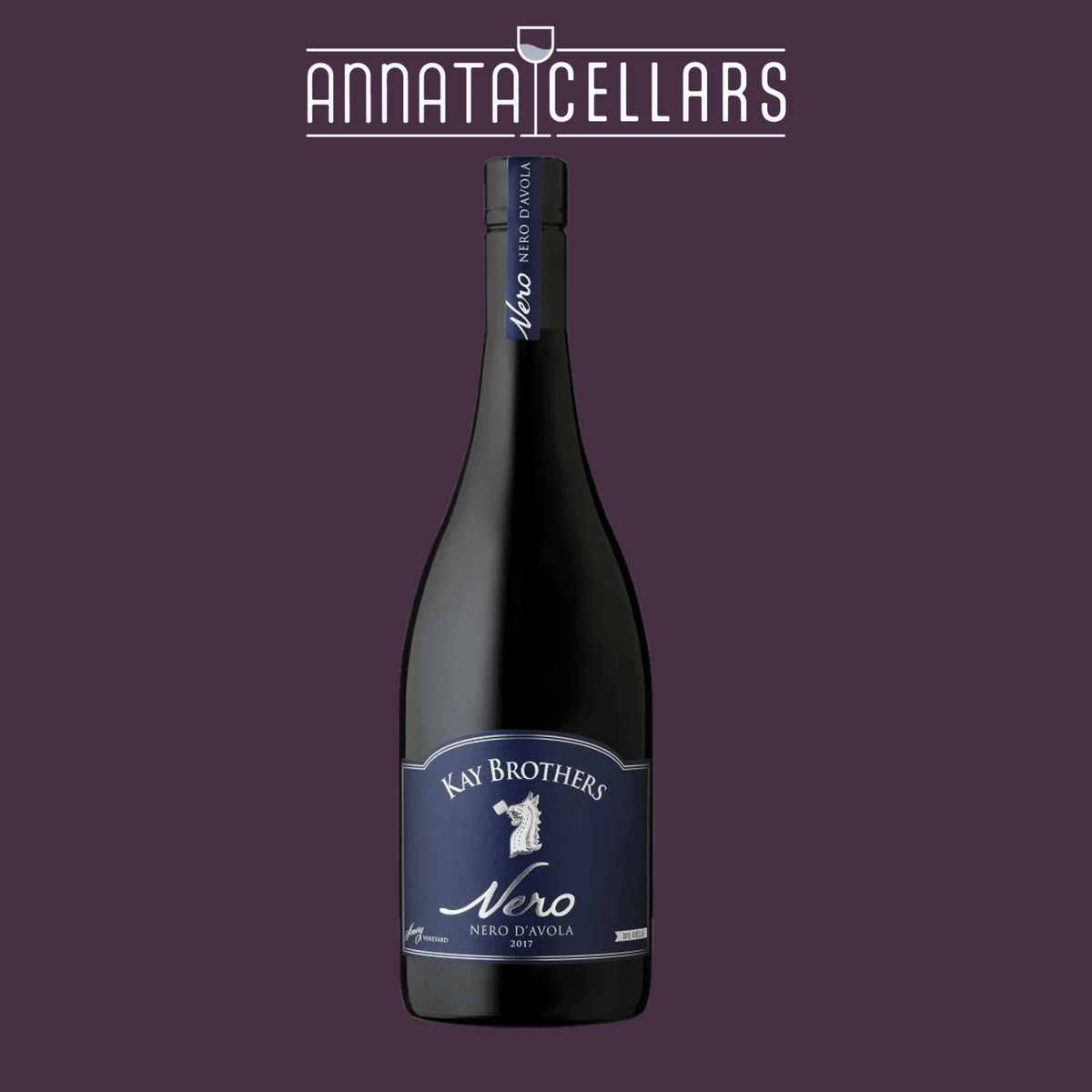 Kay Brothers Nero d'Avola wine bottle, dark glass with blue label and crest