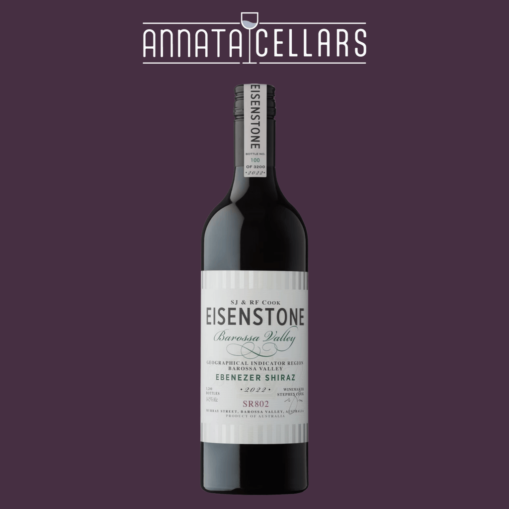 Eisenstone Ebenezer Shiraz wine bottle with label and dark glass body, 2022 vintage