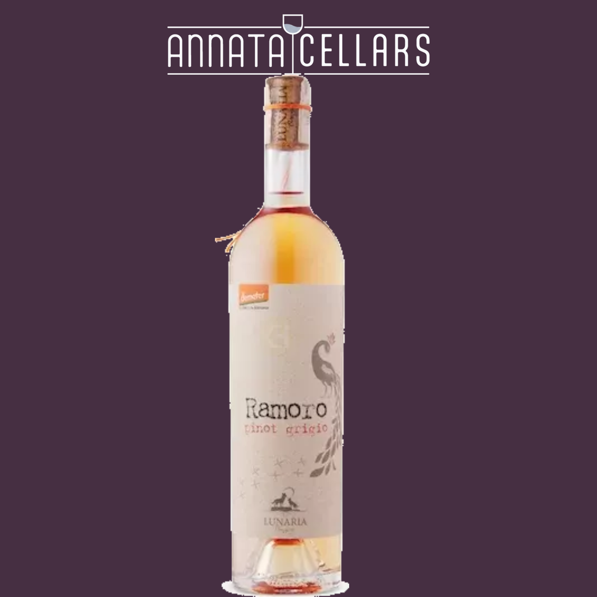 Annata Cellars Ramoro Pinot Grigio wine bottle with amber liquid and white label