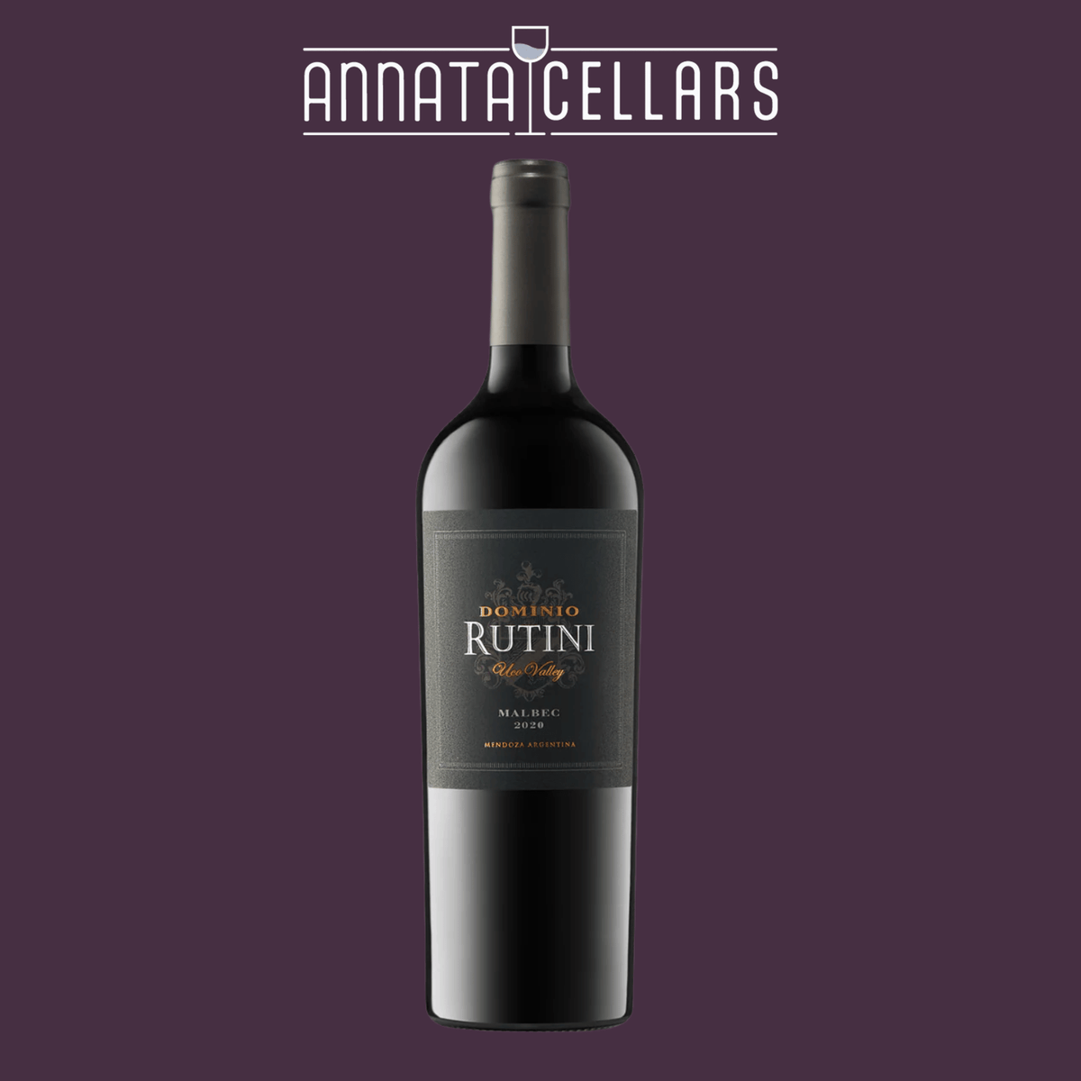 Black Malbec wine bottle with Rutini Dominio label and black capsule