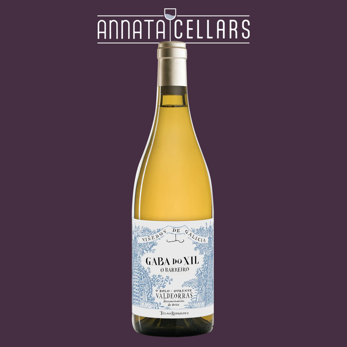 White wine bottle with gold foil and label reading Gaba do Xil O Barrique
