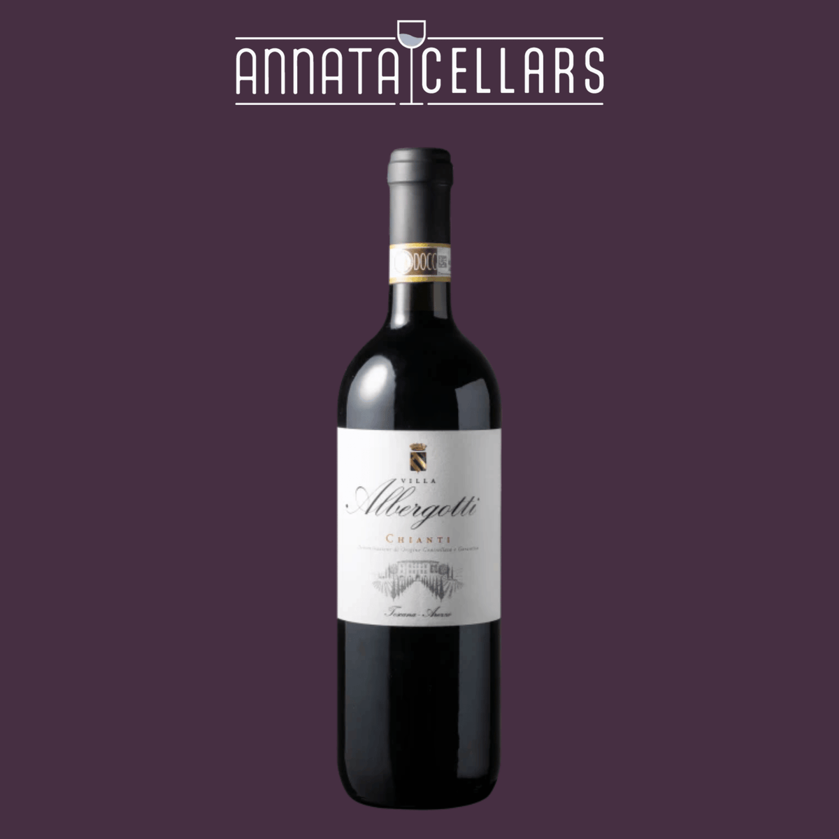 Chianti DOCG wine bottle with Villa Albergotti label, dark glass