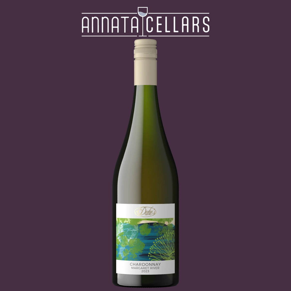 Chardonnay wine bottle, 2023 Margaret River, with cream and green label