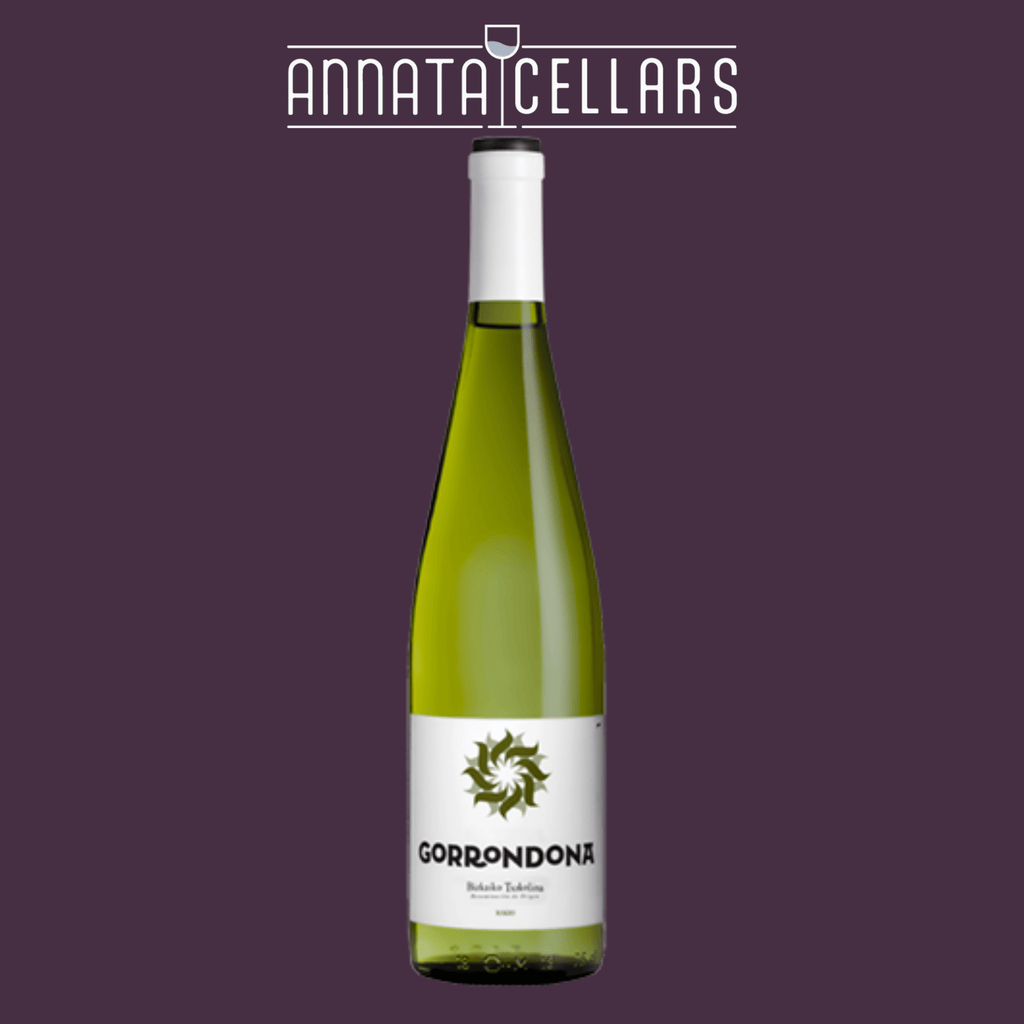 Green glass wine bottle with white cap and white label featuring green emblem