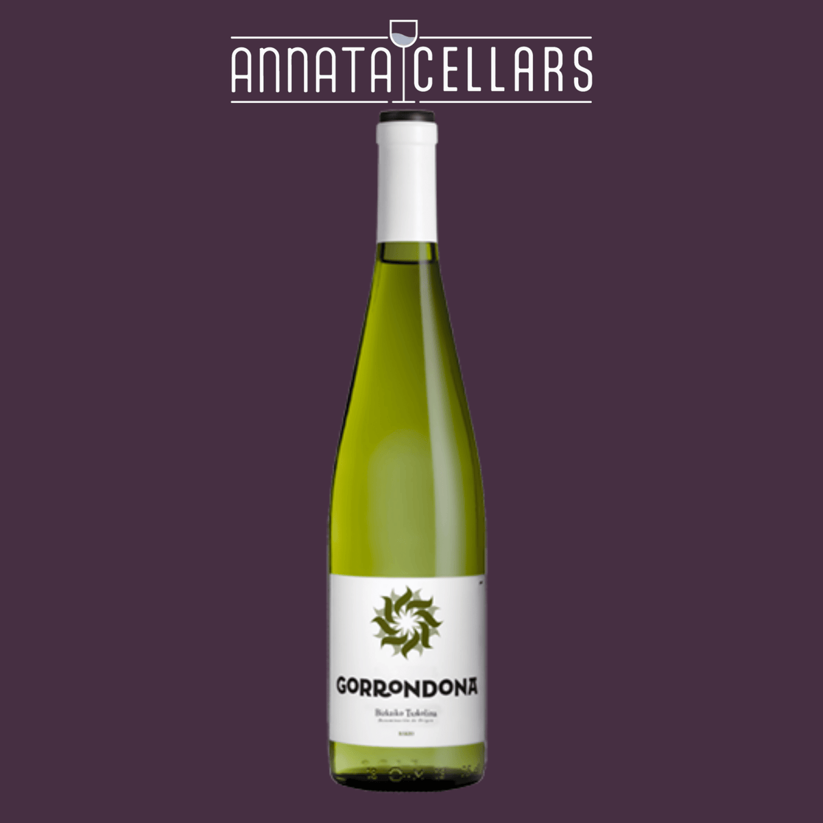 Green glass wine bottle with white cap and white label featuring green emblem