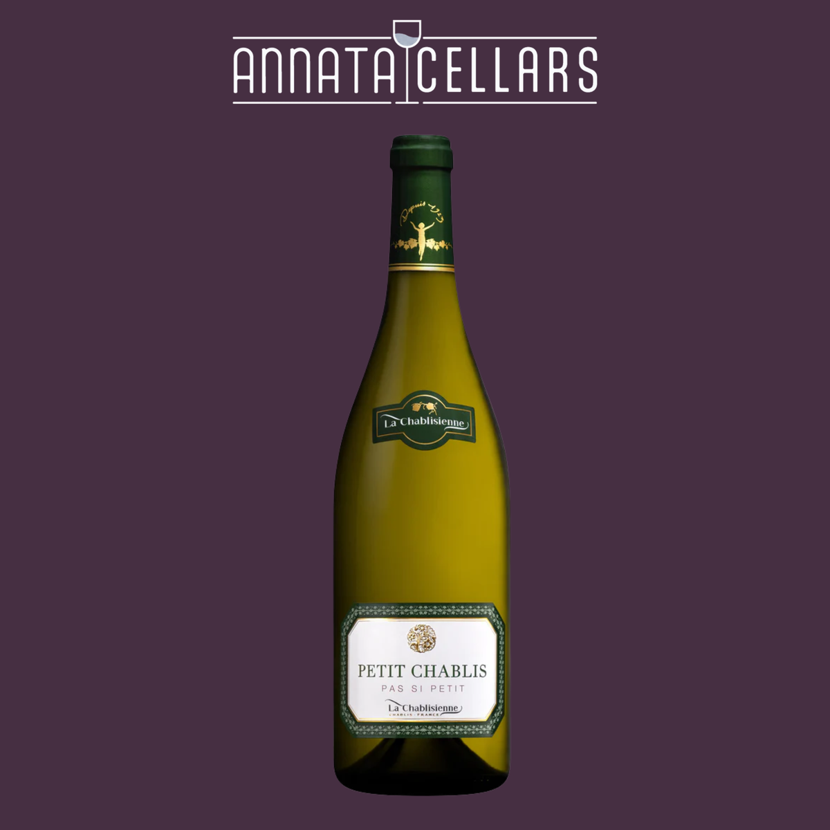 2023 Chablis wine bottle, green glass with label and foil top