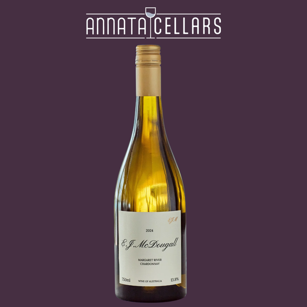 2024 Chardonnay wine bottle with gold label, E.J. McDougall, Margaret River WA