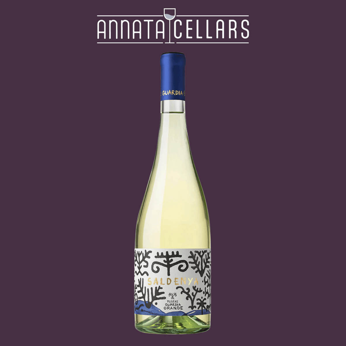 Vermentino wine bottle with green glass and blue foil cap