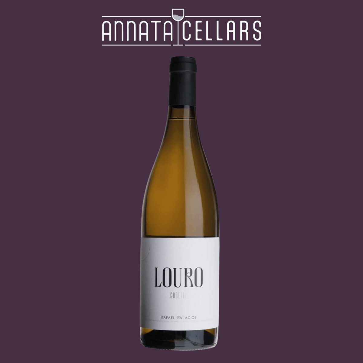 Louro white wine bottle with black cap and white label