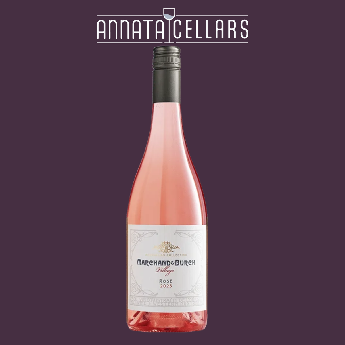 Rosé wine bottle with Marchand & Burch label, Great Southern WA, pink glass