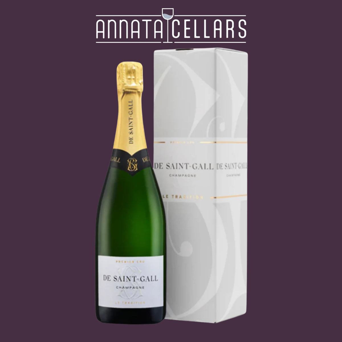 De Saint-Gall Champagne bottle with gold foil, paired with white gift box