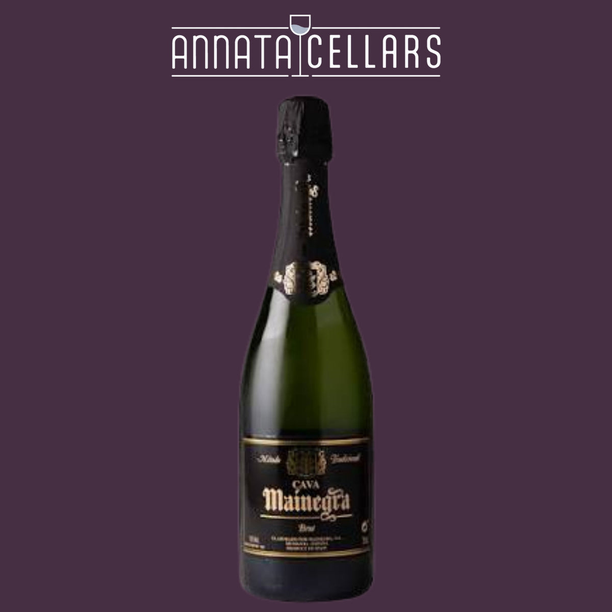 Mainegra Brut Cava bottle with dark foil top and green glass