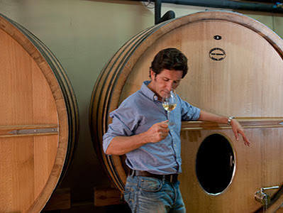 White wine tasting: man holding a glass in front of wooden barrels