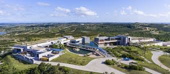 Vineyard estate buildings and paved roads seen from above